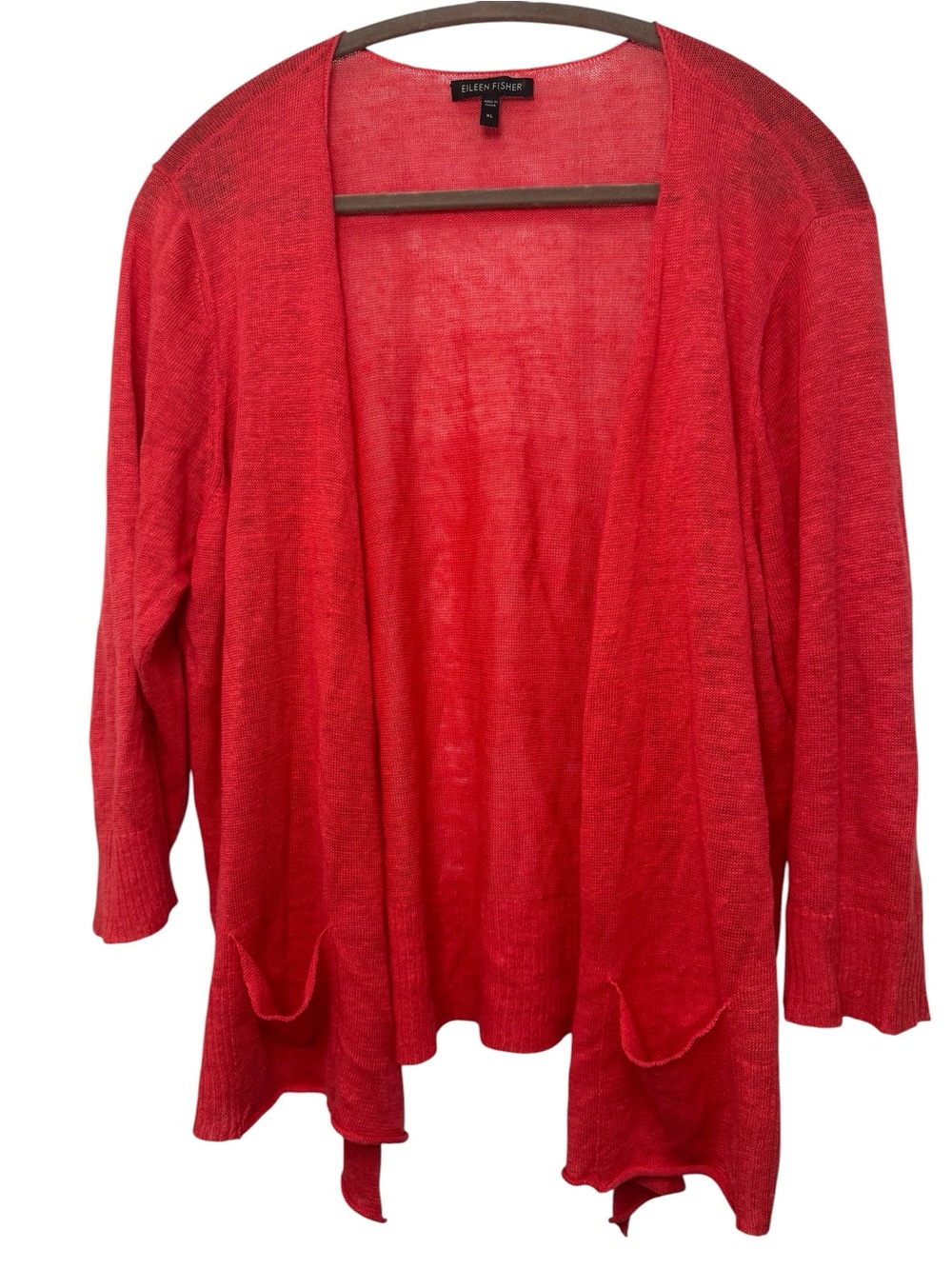 Eileen Fisher 100% Linen Bright Red Open Front Lightweight Cardigan Waterfall XL